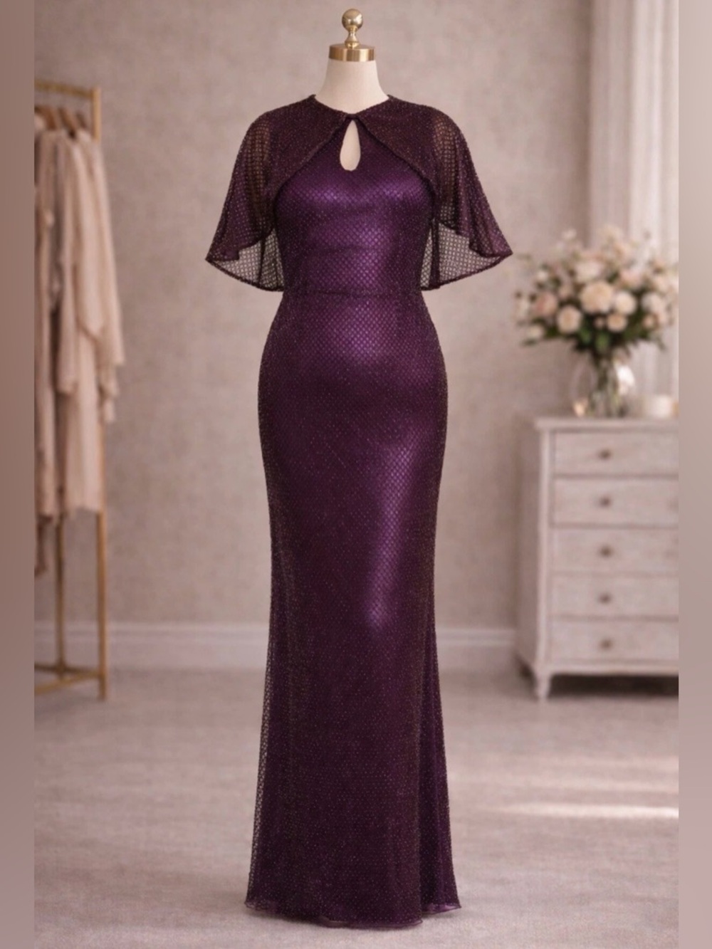 Mac Duggal 5948 Amethyst Beaded Cape Sleeve Formal Gown Mother of Bride 18W NWT